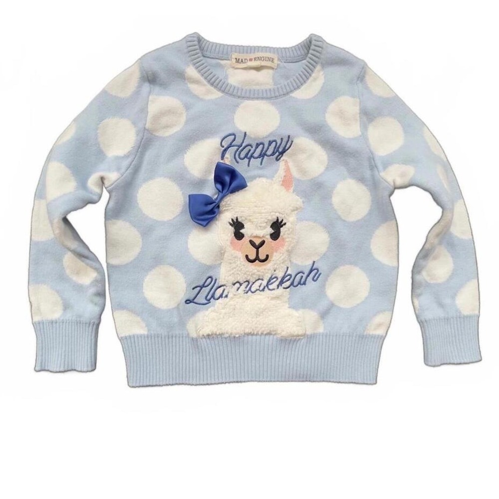 Mad Engine Sweater Blue Happy Llamakkah Polka Dot Hanukkah 3T